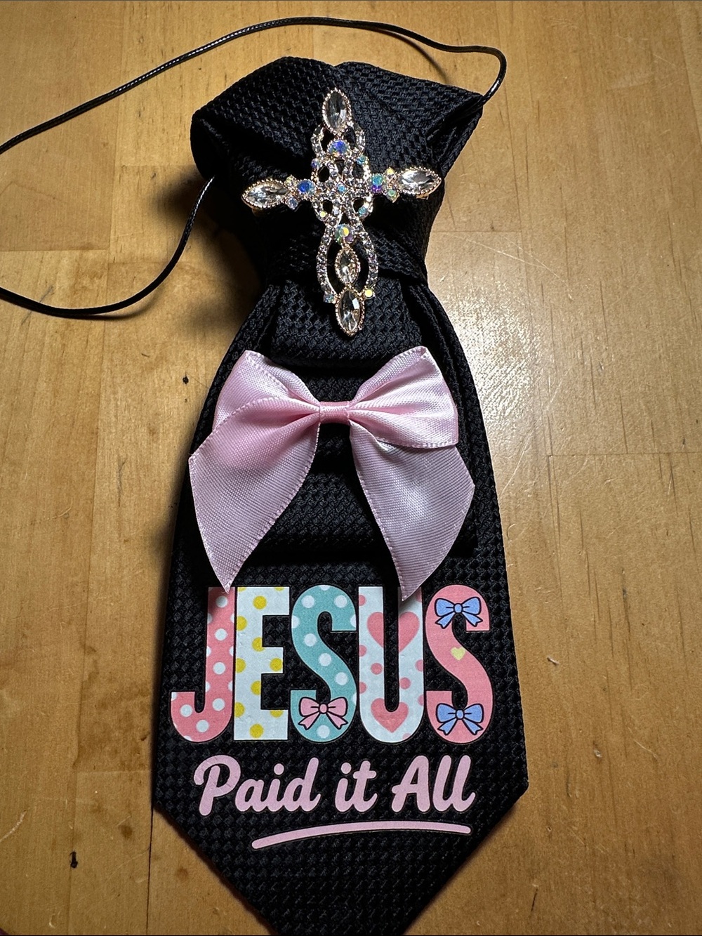 Calvin Klein Black Silk Necklace Tie with Pink Bow & Rhinestone Cross